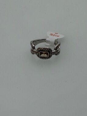 Silver-Tone Rectangular Citrine Halo Ring